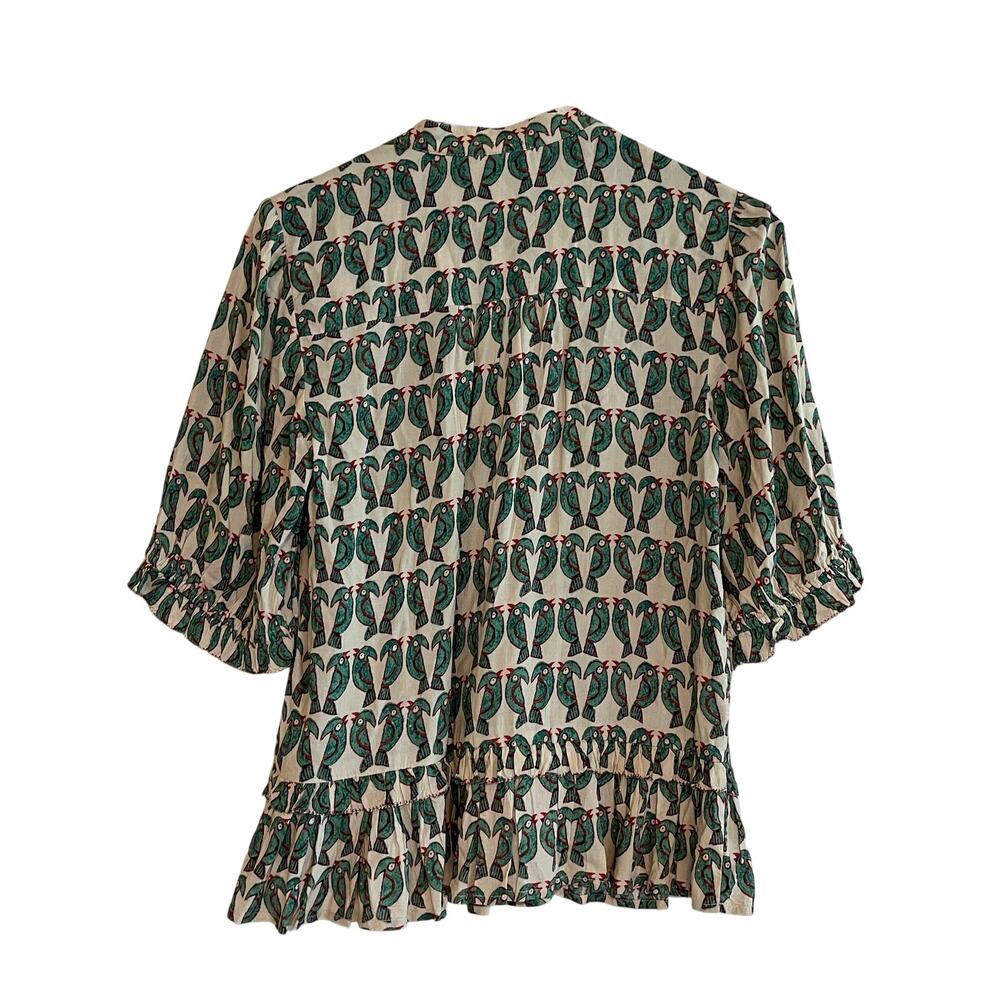 Maeve by Anthropologie Blouse Birdie Ruffled Button Down Cream Green Size 2 - Picture 3 of 11
